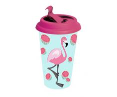 POS 28845 - Coffee to Go Becher mit angesagtem Flamingo Motiv, aus Bambus, mit Deckel und Banderole, Fassungsvermögen ca. 390 ml, ideal zum Genuss von Kaffee oder anderen Heißgetränken für unterwegs