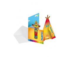 FOLAT 26110 Kindergeburtstag Dekoration Indianer: Set Einladungen, Verschiedene Motive Marterpfahl, Wigwam