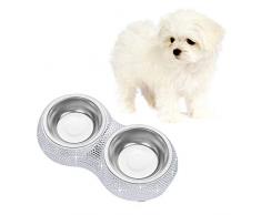 Soleebee Bling Strass Haustier Hundefutter Hunde Fressnapf Wasser Futterspender Schüssel Doppelgebrauch Teller - Silber