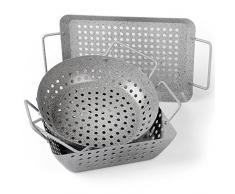 Rustler Grillschalen 3er Set | rechteckig, quadratisch & rund | aus Eisenstahl mit Antihaftbeschichtung | Grillpfanne in Steinoptik | Grillkorb für Gemüse, Fisch oder Meeresfrüchte