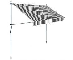 SONGMICS Klemmmarkise, 300 cm, Balkonmarkise, Sonnenschutz, Markise mit Gestell, Verstellbare Höhe 2-3 m, Grau-Weiß gestreift GSA313GW