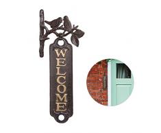 Relaxdays Welcome Schild, Vögel, Antik-Design, Willkommensschild für Wand, Garten, Gusseisen, 39,5 cm hoch, braun/Gold