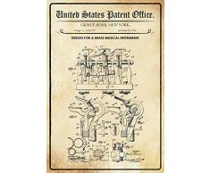 Schatzmix United States Patent Office - Design for a Brass Musical Instrument - Entwurf für einen Messing Musikinstrument - Rossi - 1914 - Design No 1.100199 - Metal Sign Blech Garten deko Schild
