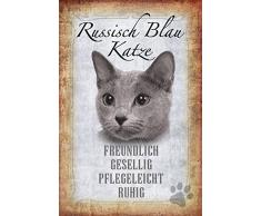 Schatzmix Katze steckbrief: Russisch Blau Katze - freundlich, gesellig, pflegeleicht, ruhig Metal Sign deko Schild Blech Garten