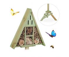 Relaxdays Insektenhotel Dreieck auf Ständer, Nisthilfe für Garten, Bienenhotel Wildbienen, Holz, HBT: 130x42x35cm, grün