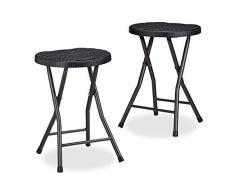 Relaxdays Klapphocker BASTIAN rund, 2 Stk. Faltbar, Kunststoff, Rattanoptik, Wetterfest HxBxT: 45 x 32,5 x 29 cm, schwarz