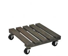 WAGNER Pflanzenroller VINTAGE 29 x 29 x 8,5 cm I Pflanzenroller & Blumenroller für Außenbereich + Innenbereich, Kiefer grau I Kübelroller aus Holz, geriffelt I Tragkraft 150 kg I Made in EU - 20085401