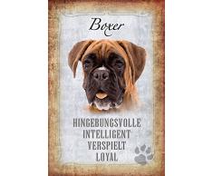 Schatzmix Hunde steckbrief: Boxer - hingebungsvolle, intelligent, verspielt, loyal Metal Sign deko Schild Blech Garten
