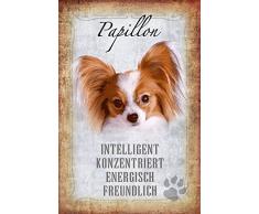 Schatzmix Hunde steckbrief: Papillon - intelligent, konzentriert, energisch, freundlich Metal Sign deko Schild Blech Garten