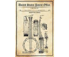 Schatzmix United States Patent Office - Design for a Banjo - Entwurf für einen Banjo - Bradbury - 1882 - Design No 262564 - Metal Sign Blech Garten deko Schild