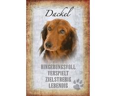 Schatzmix Hunde steckbrief: Dackel - Hingebungsvoll, verspielt, zielstrebig, lebendig Metal Sign deko Schild Blech Garten
