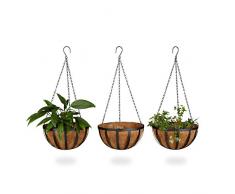 Relaxdays Blumenampel 3 Körbe, Kokos, 21 Liter Volumen, mit Kette, 30 cm Durchmesser als Hängeampel, braun