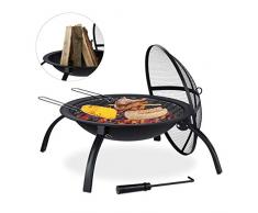 Relaxdays XL Feuerschale, Grill Rost, Schürhaken, Funkenschutz Deckel, Garten, Terrasse, Feuerstelle D 56,5 cm, schwarz