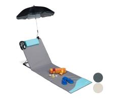Relaxdays Strandmatte, gepolsterte Strandliege XXL mit Sonnenschirm, 3-stufig verstellbar, Kopfkissen, tragbar, grau