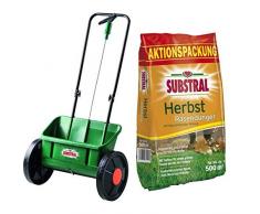 Substral EvenGreen Kastenstreuwagen, Hochwertiger Streuwagen mit leichtgängigen, großen Rädern zum ausbringen von Dünger, Samen und Kalk & 8243 Herbst Rasendünger f. 500 m² - 12,5 kg