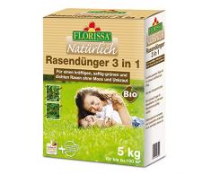 Florissa Natürlich 58659 BIO Rasendünger 3 in 1 (5 kg) mit Eisen für einen dichten Rasen ohne Moos, Braun