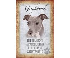 Schatzmix Hunde steckbrief: Greyhound - intelligent, ausgeglichen, athletisch, sanftmütig Metal Sign deko Schild Blech Garten