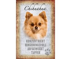 Schatzmix Hunde steckbrief: Chihuahua - konzentriert, hingebungsvoll, aufgeweckt, tapfer Metal Sign deko Schild Blech Garten