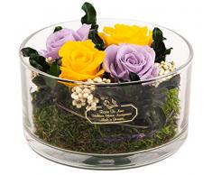 Rosen-Te-Amo Origineller Blumenstrauß aus 4 konservierten, echten Rosen in rund Vase; Infinity Blumen im Glas: mit Liebe handgefertigt aus 100% echten Deko-Pflanzen und Bindegrün