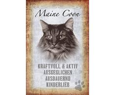 Schatzmix Katze steckbrief: Maine Coon Katze - kraftvoll & aktiv, ausgeglichen, ausdauernd, kinderlieb Metal Sign deko Schild Blech Garten