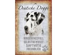 Schatzmix Hunde steckbrief: Deutsche Dogge - hingebungsvoll, selbstbewusst, sanftmütig, freundlich Metal Sign deko Schild Blech Garten